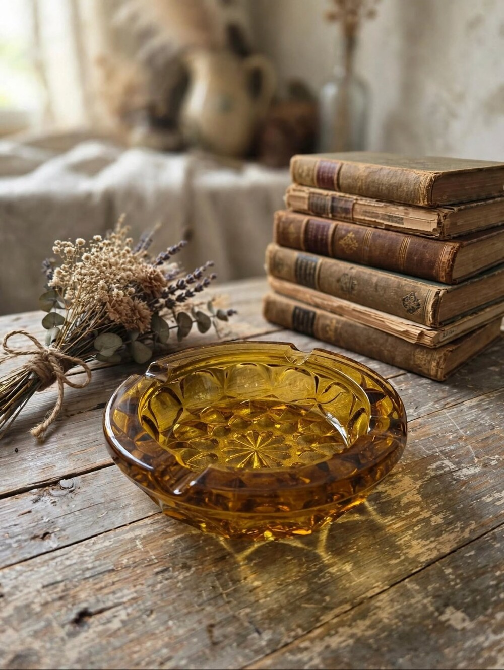 Vintage Amber Glass Diamond Pattern Heavy Ashtray Mid Century Retro Decor